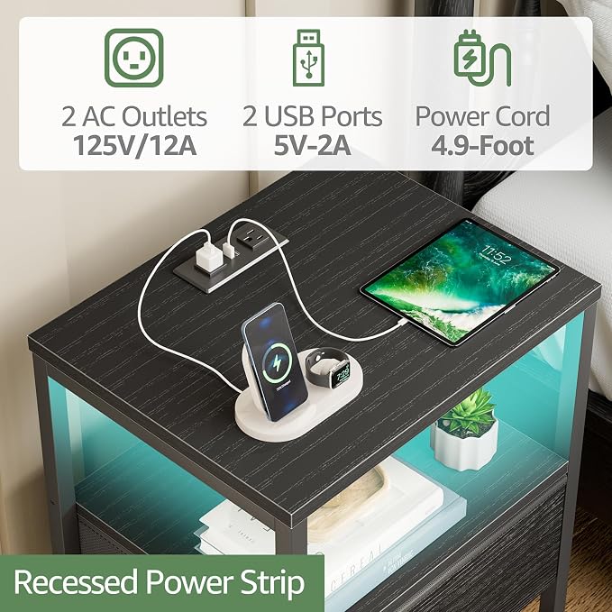 BOLUO Black Nightstand with Charging Station, LED Night Stand with Fabric Drawers and Shelf, Bedside Table with USB Ports and Outlets, Bedroom Nightstand Modern - Image 4