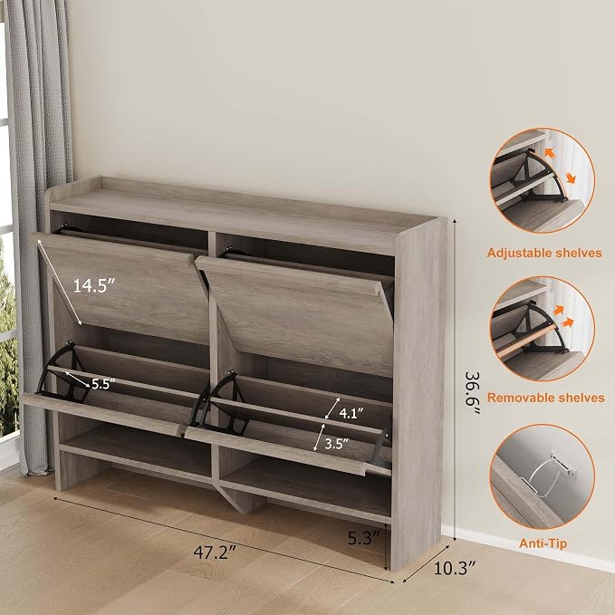 GarveeHome Shoe Cabinet with 4 Flip Drawers, Wooden Shoe Organizer Cabinet with Adjustable Shelf, Shoe Storage for Entryway, Hidden Shoe Cabinet for Hallway, Living Room, Grey - Image 2