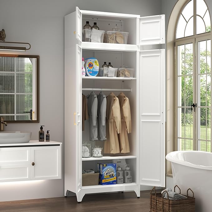 Metal Armoire Wardrobe Closet with Doors, 86" Tall Wardrobe Cabinet, White Clothing Storage Cabinets with Adjustable Shelves for Bedroom, Home Office
