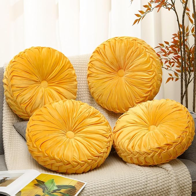 Beeveer 4 Pcs Round Throw Pillows 15 Inch Decorative Velvet Pleated Pumpkin Pillows Boho Floor Pillow with Center Button for Living Room Couch Chair Bed Sofa Home Decoration (Yellow)
