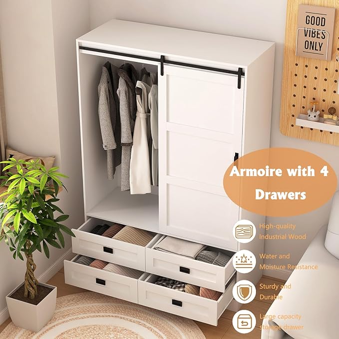 Armoire Wardrobe Closet with Sliding barn Door，Wardrobe Cabinet with 4 Storage Drawers and Hanging Rail,Freestanding Wooden Closet for Bedroom (White)