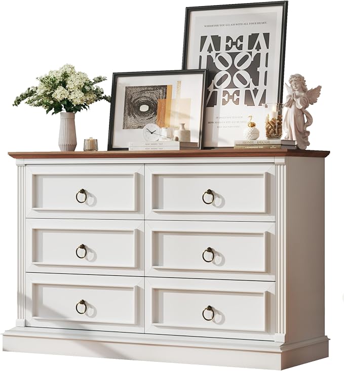 HUAHUU Farmhouse 6 Drawer Dresser for Bedroom, 47" Wide Chest of Drawers with Roman Column, White Wood Dresser with Antique Bronze Circle Handles, Storage Organizer for Living Room, Hallway, Entryway - Image 8