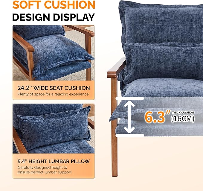 VINGLI Mid-Century Modern Cloud Accent Armchairs set of 2 with Lumbar Pillow, 6.3'' Thick Seat Cushion Reading Chairs with Wooden Armrests, Boho Lounge Chair for Bedroom,Living Room,Chenille,Gray Blue