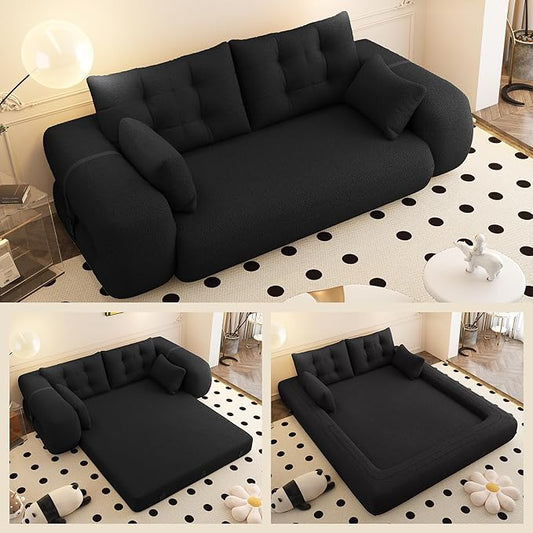 78.7" Convertible Sofa Bed, 3-in-1 Folding Floor Couch with 4 Pillows, Sleeper Sofa for Living Room and Guest Bed, No Assembly Required (Black, Teddy Fabric)