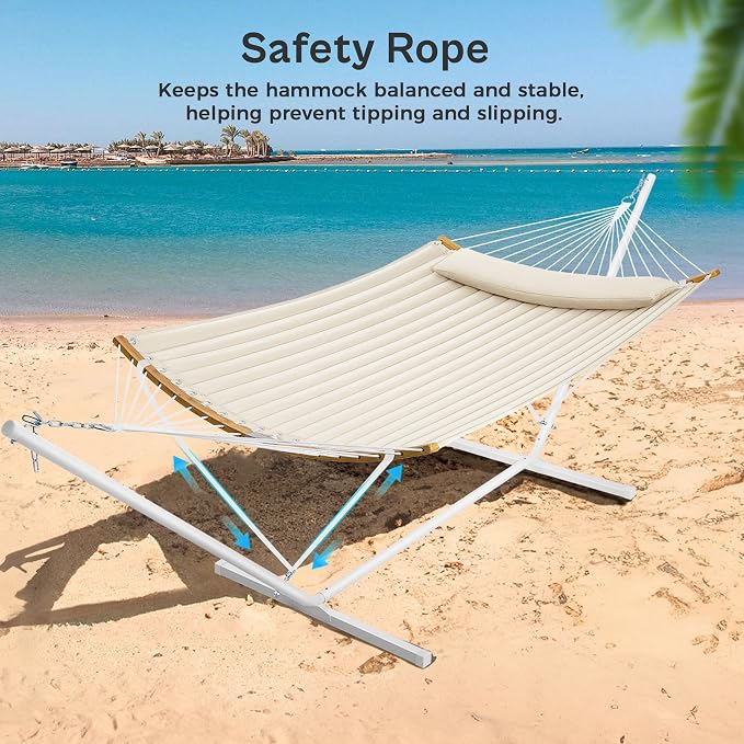 SUPERJARE Hammock with Stand, 2 Person Heavy Duty Hammock with Padded Cotton, Detachable Pillow & Strong Curved-Bar & Portable Carrying Bag, Perfect for Outdoor & Indoor, Beige - Image 5