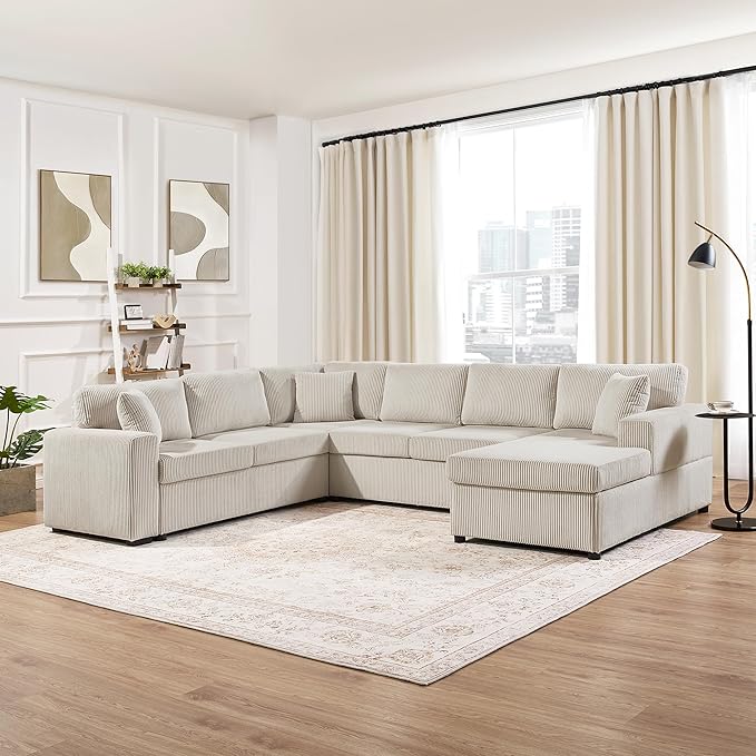 Eafurn Oversized U Shaped Modular Sectional Sofa, 115" Oversized Corduroy Upholstered Couch with Spacious Chaise Lounge & 3 Throw Pillows for Living Room, Apartment, Office
