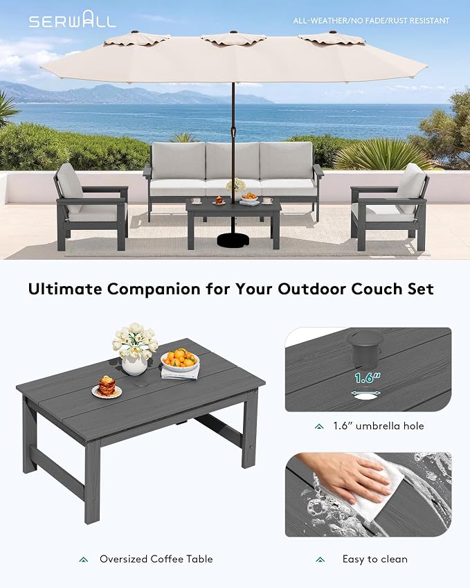 SERWALL HDPE Patio Coffee Table, Rectangle Outdoor Coffee Table, All-Weather Coffee Side Table for Balcony, Poolside, Deck, Garden, Gray - Image 7
