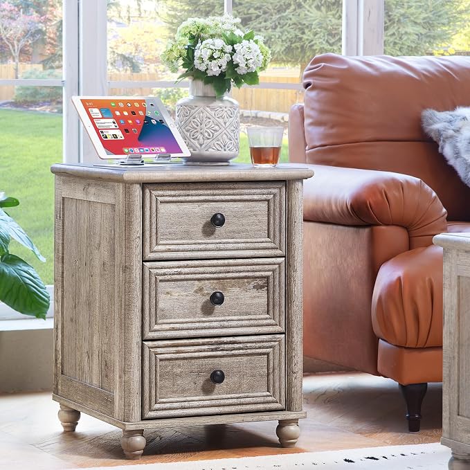 RWYHG 18" Farmhouse Nightstand with Charging Station and USB Port, Grey Night Stand with 3 Drawers, Wood Bedside End Table with Storage, Bed Side Tables for Bedroom Living Room and Closet by RWYHG