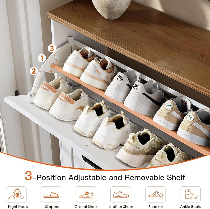 Shoe Storage Cabinet for Entryway, Nicetree Freestanding Shaker Barn Door Ultra Slim Shoe Cabinet With 3 Flip Drawers, Farmhouse Shoe Rack With 3-Tier Adjustable Shelves For Hallway Foyer Rustic-White - Image 5