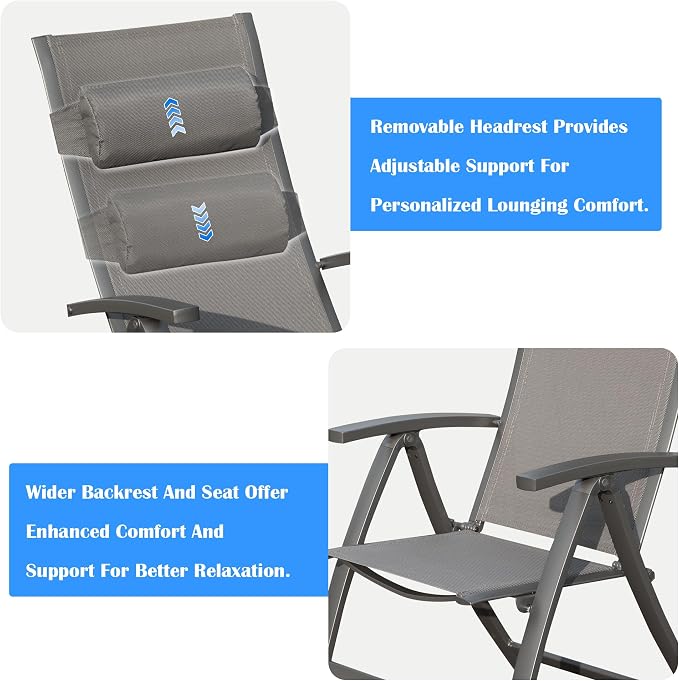 Domi Patio Folding Chairs Set of 2, Outdoor Reclining Chairs Set with Moveable Headrest, Aluminum Frame Outdoor Patio Portable Chairs with Adjustable High Backrest and Textilene Fabric Seat - Image 7