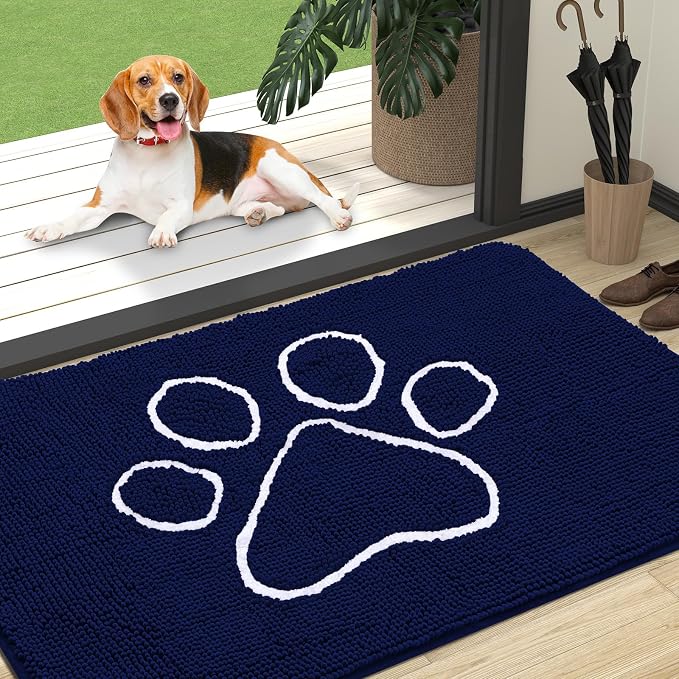 OLANLY Dog Door Mat for Muddy Paws 47x32, Paw Print Design, Absorbs Moisture and Dirt, Absorbent Non-Slip Washable Doormat, Quick Dry Chenille Mud Mat for Dogs, Entry Indoor Entryway Carpet, Navy Blue by OLANLY