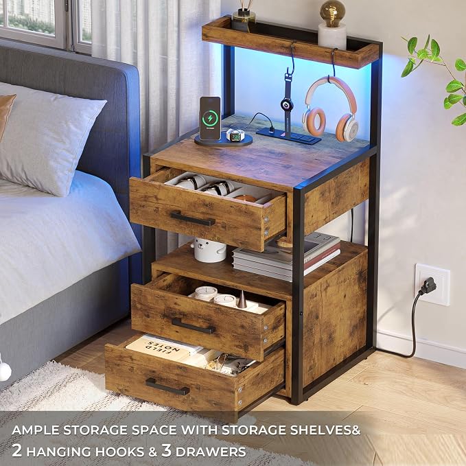 VIAGDO Led Nightstand with Charging Station, 3 Drawers Night Stands with Led Lights, Rustic Brown Bedside Tables with Storage Shelves, Modern End Side Tables for Bedroom, Office - Image 4