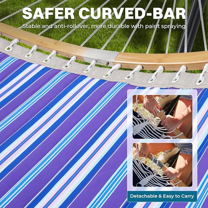 SUPERJARE Curved-Bar Hammock with Stand, 2 Person Heavy Duty Hammock Frame, Detachable Pillow & Portable Carrying Bag, Perfect for Outdoor & Indoor, Deep Ocean Fine Stripe - Image 5