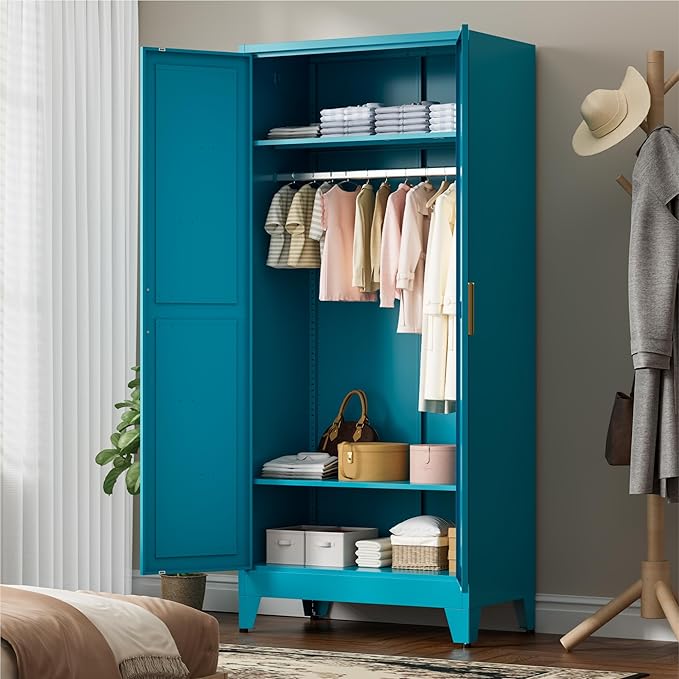LCAOPC 71" Tall Metal Wardrobe Closet with Adjustable Shelves and Hanging Rod, 2 Doors Free Standing Armoire Wardrobe Cabinet for Bedroom, Office, Laundry Room, Blue