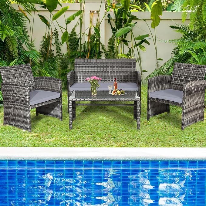 Tangkula 8 Pieces Patio Wicker Conversation Furniture Set, Patiojoy Sofa & Table Set w/4 Seats, Outdoor Rattan Sofa Set for Balcony Backyard, Wicker Chair Set with Tempered Glass Coffee Table