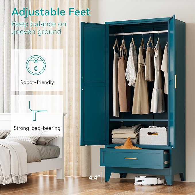 71" Tall Metal Armoire Wardrobe Closet,17.7" Deep By 31.5" Wide Portable Closet for Hanging Clothes,Wardrobe Cabinet with Drawer and Shelve for Bedroom Office Laundry Room,Blue 1 Pack