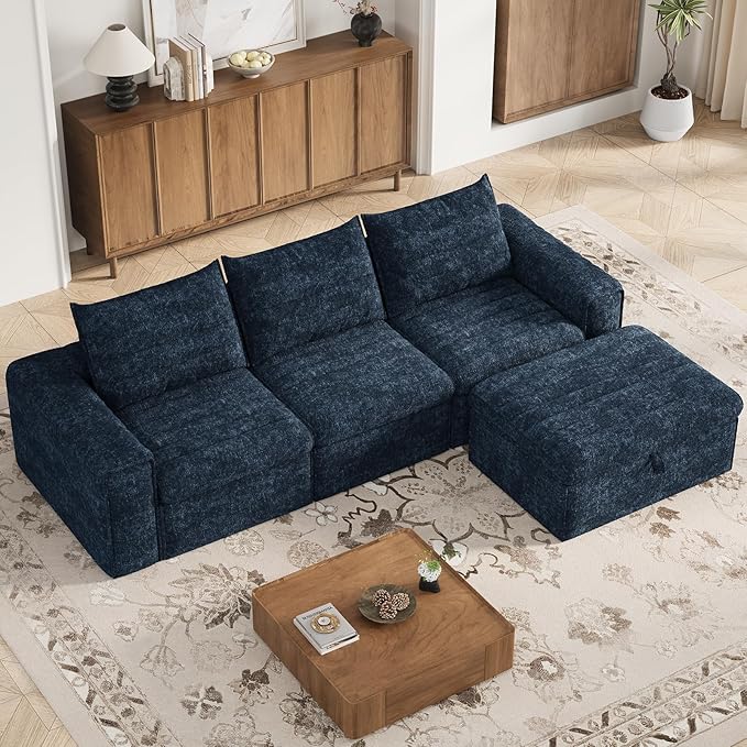 106.7" Modular Sectional Sofa with Deep Seat, Upholstery L Shaped Cloud Couch for Living Room, 3-Seater Modern Boneless Sofa with Movable Ottomans, Removable Cover, No Assembly Required, Aqua Blue
