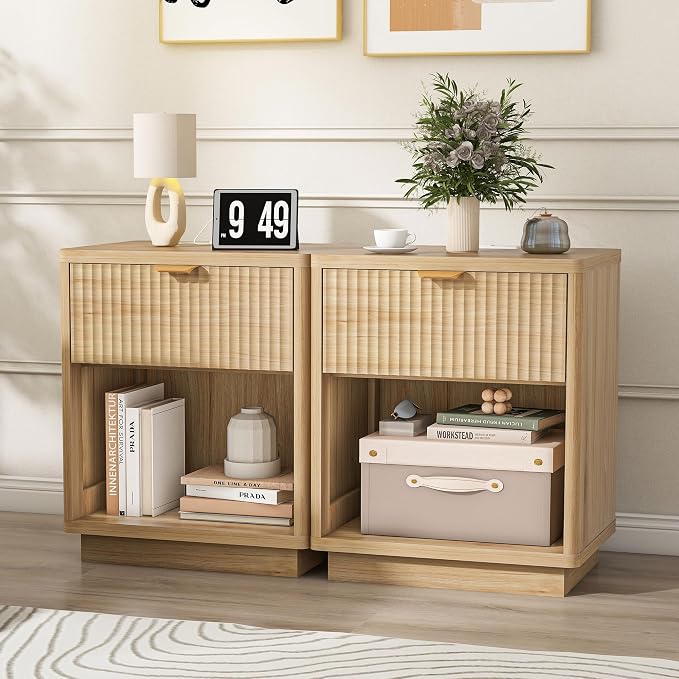 Nasonet Fluted Nightstand Charging Station,Wood Modern Night Stands Storage Cabinet for Bedroom,Oak Bedside Table with Drawers - Image 8