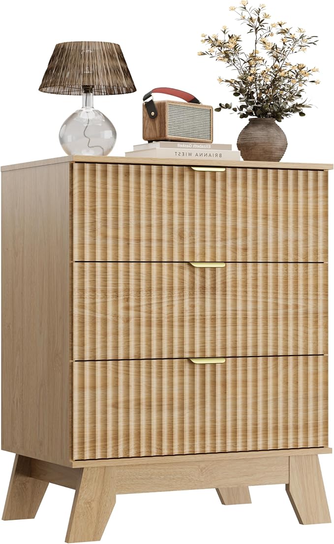 Wodeer Night Stand Set 2, Bedside Table & End Table, Mid Century Modern Fluted Wood Nightstand with 3 Drawers & Metal Handles, Farmhouse Nightstand for Bedroom, Natural Oak - Image 9