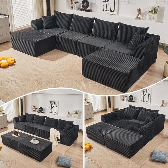 130" Modular Sectional Sofa,Modular Cloud Sofa,U-Shaped Cloud Couch with High-Density Foam & Corduroy Fabric,Boneless Couch Deep Seat Couch for Living Room Apartments Bedroom No Assembly Required ﻿ | Ready-to-Use, Durable Corduroy, Modular, Multi-Box D...
