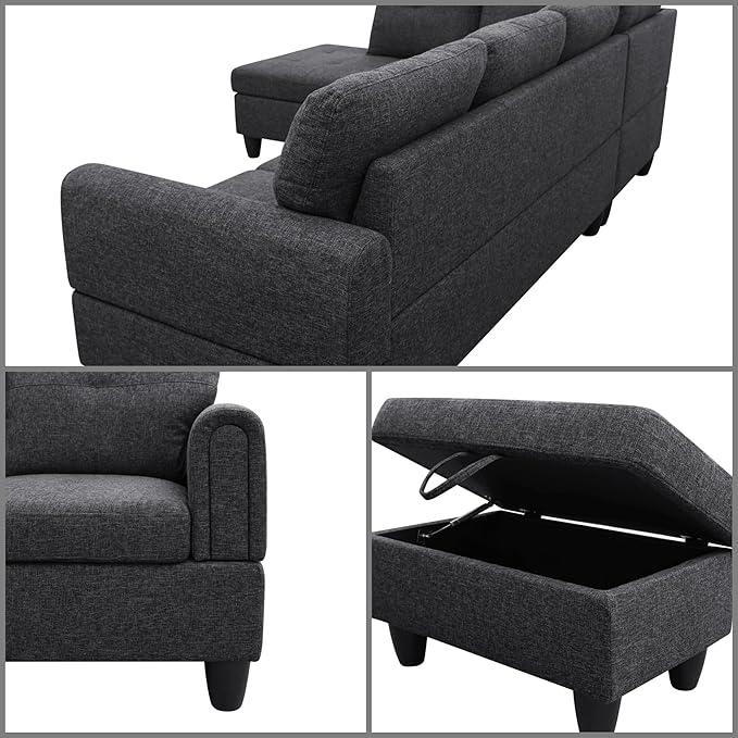 FONTOI L Shaped Sectional Couches, Modern Modular Sectional Sofa for Living Room Bedroom Furniture, Comfy 4 Seat Couch with Ottoman Storage & Chaise, Black Gray