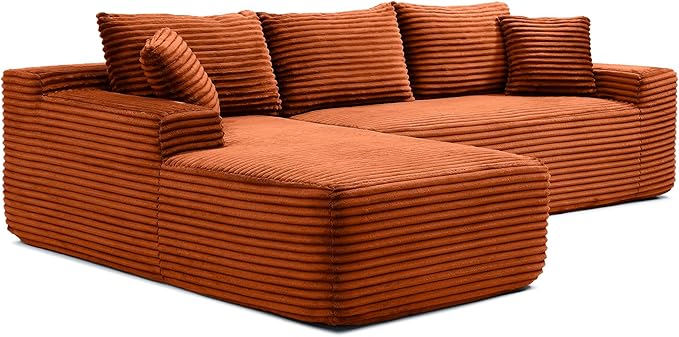 105-Inch L-Shaped Left Facing Corner Compressed Sofa Modular Sectional Boneless Cloud Sofa Floor Foam Couch with Chaise Lounge, Corduroy Corner Boneless Cloud Couch