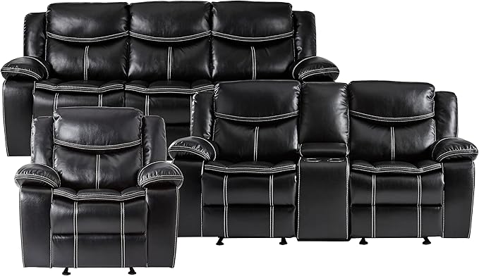 Lexicon Bay Manual Reclining Living Room Sofa Set, 3-Piece, Black