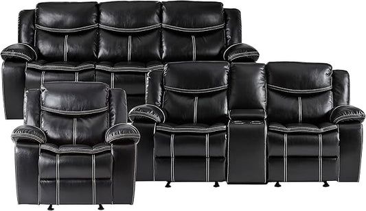 Lexicon Bay Manual Reclining Living Room Sofa Set, 3-Piece, Black