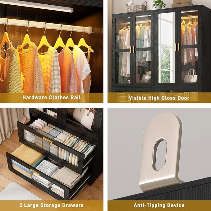 6 Doors Armoire Wardrobe Closet with LED and Mirror,71" H Freestanding Wooden Wardrobe Closet Cabinet for Bedroom w 2 Drawers,Wooden Clothing Storage Cabinet w Hanging Rod,Closets for Bedroom(Black)