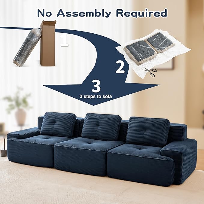 Casaphoria 115'' Blue Corduroy Sofa, Boneless Sectional Couch with 3 Pillows for Modern Living Room, Deep Seat Sofa No Assembly Modular Cloud Couch