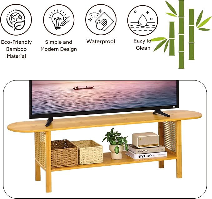 Bamboo TV Stand for TVs up to 65", Accent Entertainment Center with Storage, Media Console Table with Rattan, Modern TV Stand for Living Room, Bedroom, 55"(L), Burlywood - Image 7