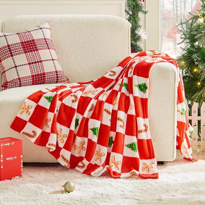 BEDELITE Christmas Throw Blanket ?€? Red and White Checkered Holiday Blanket with Gingerbread Man, Candy Cane & Christmas Tree Pattern, Soft Warm Fleece Christmas Blanket for Home D??cor & Gift, 50"x60"