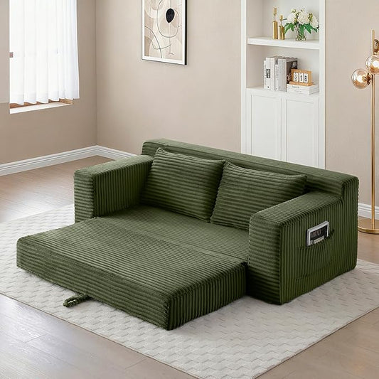 Convertible Sofa Bed, 2 in 1 Memory Foam Futon Couch, No Assembly Corduroy Foldable Sofa Bed, Comfy Floor Couch with 2 Pillows for Bedroom, Living Room, Apartment, Green