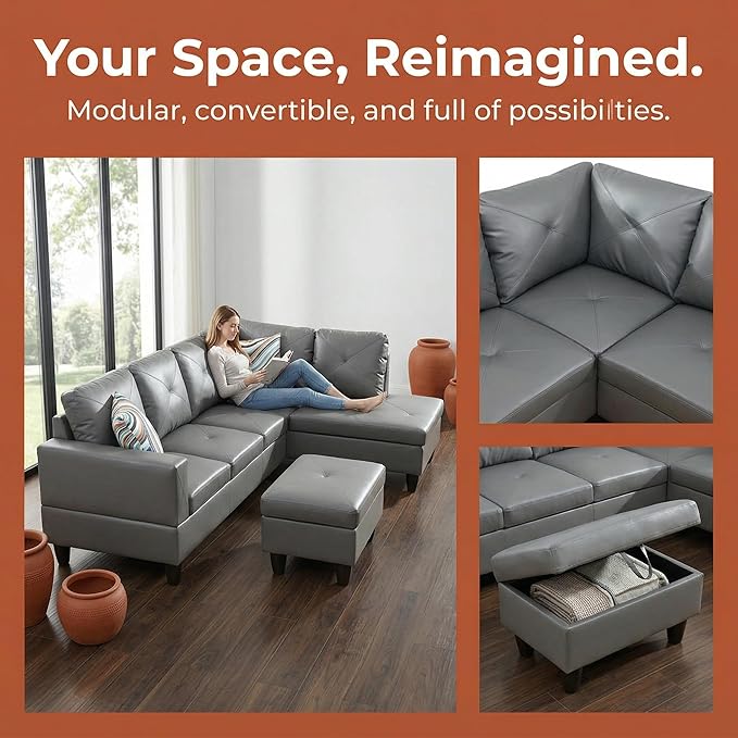 NicBex Modular L-Shaped Sectional Couches, 3-Piece Convertible Couch with Storage Ottoman, 4-Seat Comfy Sofa with Chaise for Living Room & Apartment, Dark Grey