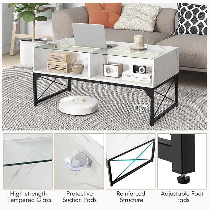 Giantex LED Coffee Table, High Gloss Coffee Tables with 4 Storage Cubes, 20-Color Lights, Remote Control, Faux Marble & Tempered Glass Top, Modern Accent Rectangle Center Table for Living Room (White)