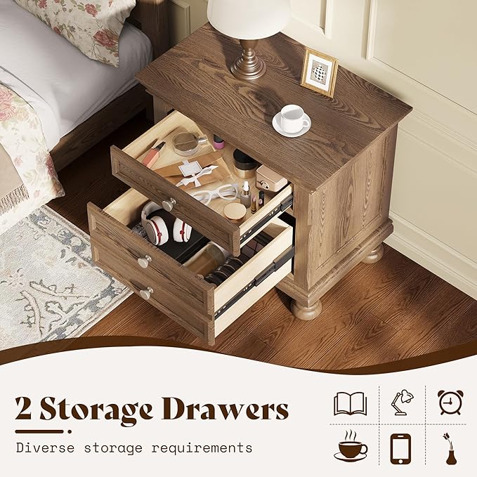 AMERLIFE Solid Wood 3 Piece Bedroom Set Including 65.2" High Queen Bed Frame, Fully Assembled Nightstands Set of 2 with 2 Storage Drawers for Bedroom, Light Brown