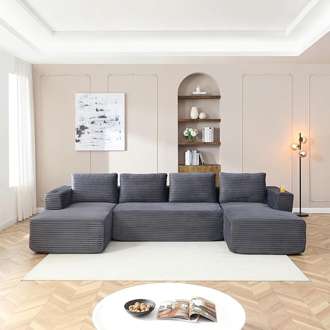 132-Inch U-Shaped Cloud Sectional Couch, Symmetrical Modular Compressed Boneless Sectional Sofa with Chaise Lounges, Plush Corduroy Boneless Corner Sofa W/Cupholders