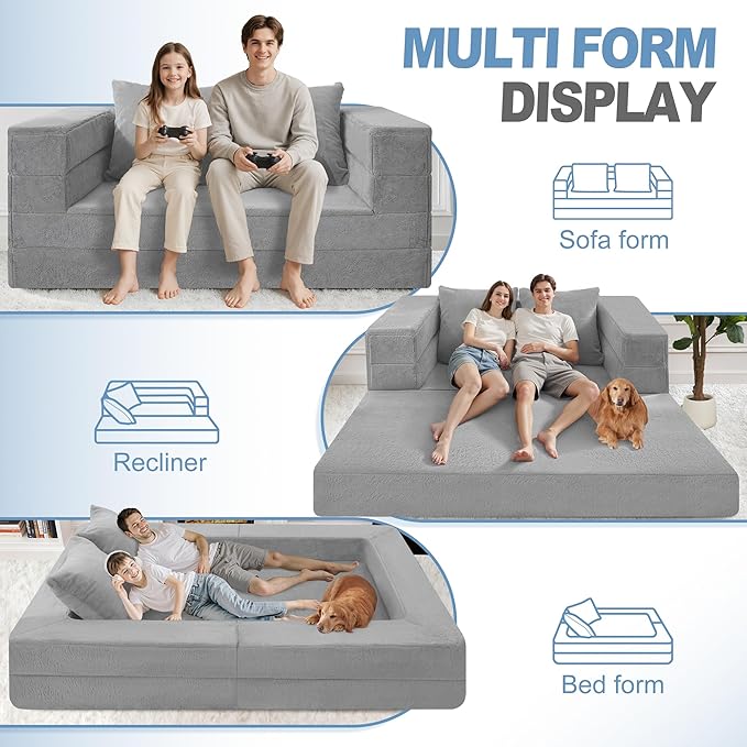 Futon Sofa Bed with Pillow, 3-in-1 Sleeper Sofa Bed with Removable Cover, Convertible Floor Sofa Bed, No Assembly Boneless Couch for Living Room, Bedroom