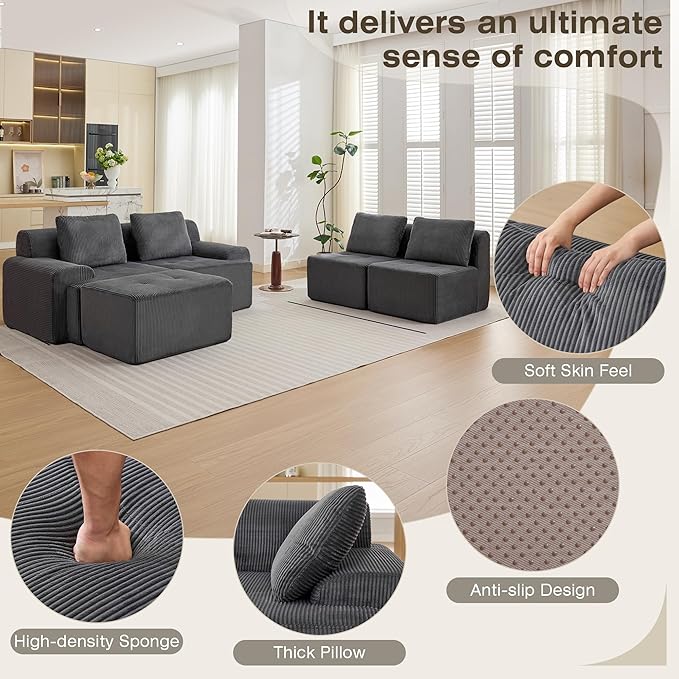 Modular Sectional Sofa, Boneless Couches for Living Room, Corduroy Couch, Big Comfy Couch, Modular Cloud Sofa with Deep Seat (Grey, 5 Pieces-Side Shape)
