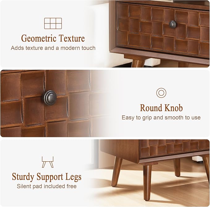 22" Mid-Century Modern Wood Nightstand with Carved Geometric Drawer Front, 1 Drawer and Open Shelf, Solid Wood Legs, Bedside Table for Bedroom (1, 1 Pc Warm Walnut) - Image 3