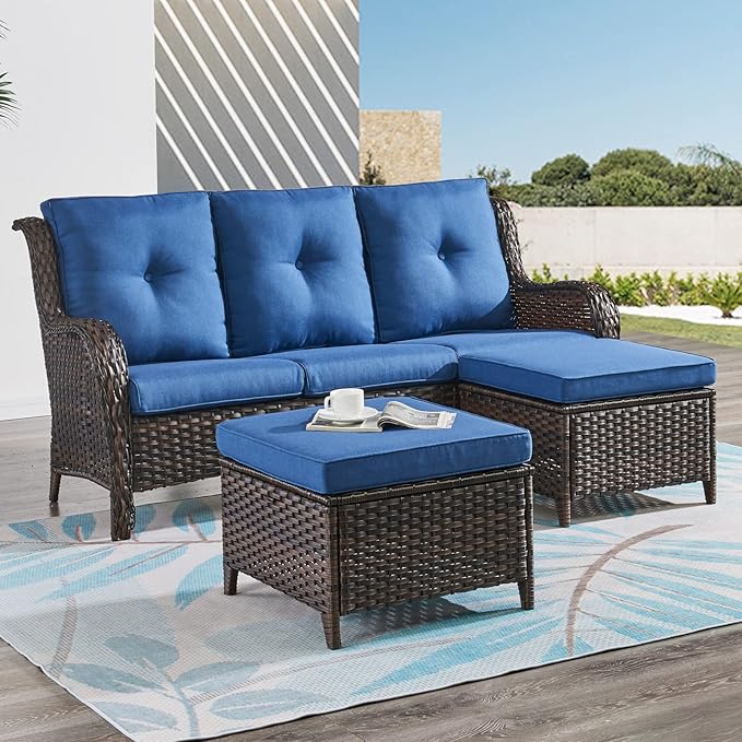HUMMUH 7 Pieces Patio Furniture Set with Fire Pit Table Outdoor Conversation Set PE Wicker Patio Couch Swivel Glider Chairs Ottomans for Balcony Garden,Lawn,Deck