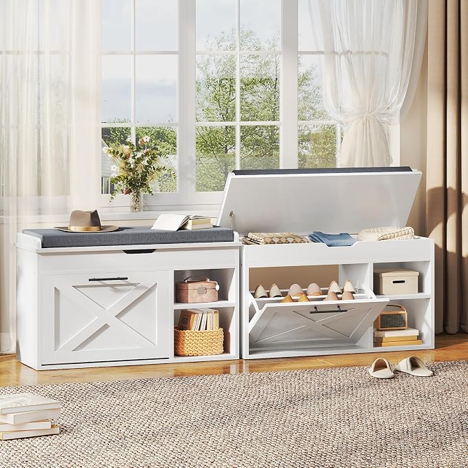HOOBRO Shoe Storage Bench with Cushion, Modern Entryway Bench with Flip Drawer and Hidden Top Compartment, Shoe Cabinet with Seat and Adjustable Shelves for Hallway, 31.5" L, White and Gray, WG55HX01 - Image 8