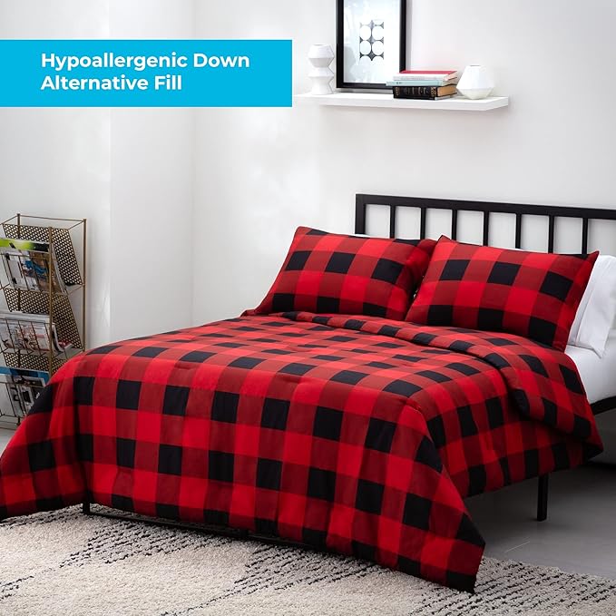 LINENSPA All Season Hypoallergenic Down Alternative Microfiber Comforter, Queen, Red/Black