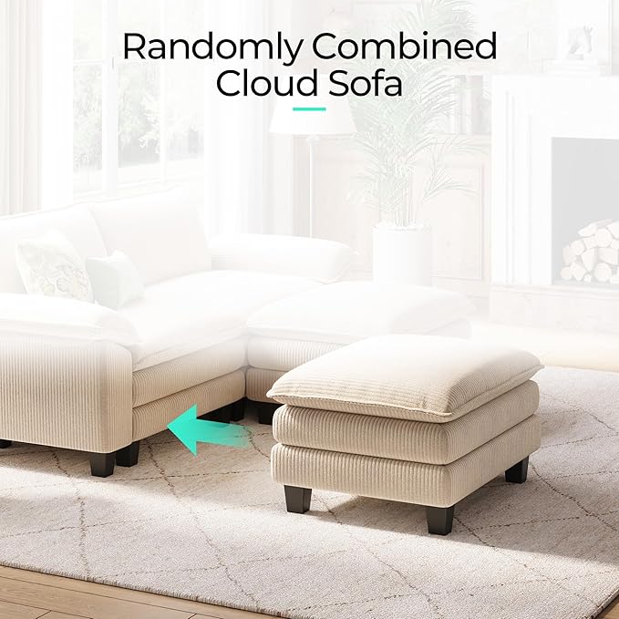 LINSY HOME Modular Sectional Sofa - Oversized Corduroy Cloud Couch with Movable Ottoman Soft Modern Comfy Sofa Set for Living Room Apartment Office, Beige