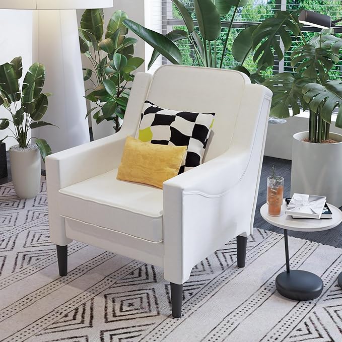 Ribilake Cream Accent Chair - High Back Upholstered Armchair, Comfy Living Room Arm Chair, Reading Accent Chairs for Bedroom, Apartment, Office, Single Sofa with Wood Legs