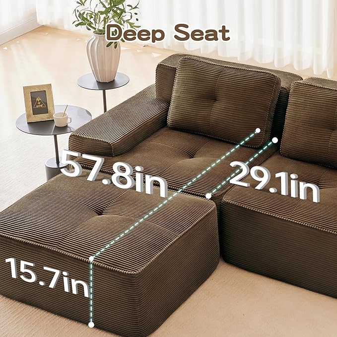 Casaphoria 115'' Brown Modular Sofa Set, 3-Seat U-Shaped Corduroy Couch with 2 Ottomans for Large Living Room No Assembly Required Deep Seat Sectional Couch