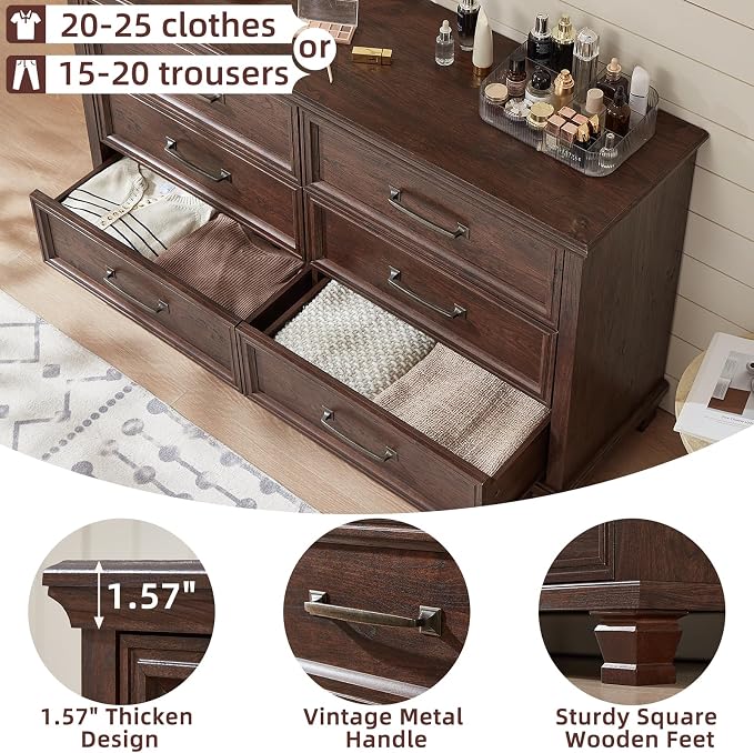 SAVOR LIFE Farmhouse Espresso 6 Drawer Dresser for Bedroom, 54 inch Wide Vintage Large Chest of Drawers with Wood Legs, Rustic TV Console for Living Room, Walnut Wooden Storage Closet Dressers - Image 4