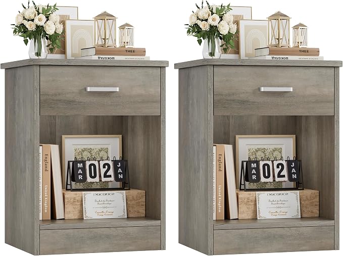 FOTOSOK Nightstand Set of 2, 2-Tier Side Table with Drawer and Storage Shelf, Bedside Table End Table, Modern Night Stand for Bedroom, Home Office,Vintage Grey by FOTOSOK