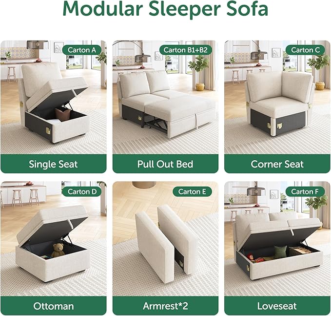 HONBAY Storage Ottoman Module for Sectional Sleeper Sofa with Pull Out Bed, Movable Footrest Ottoman for Modular Couch, Beige