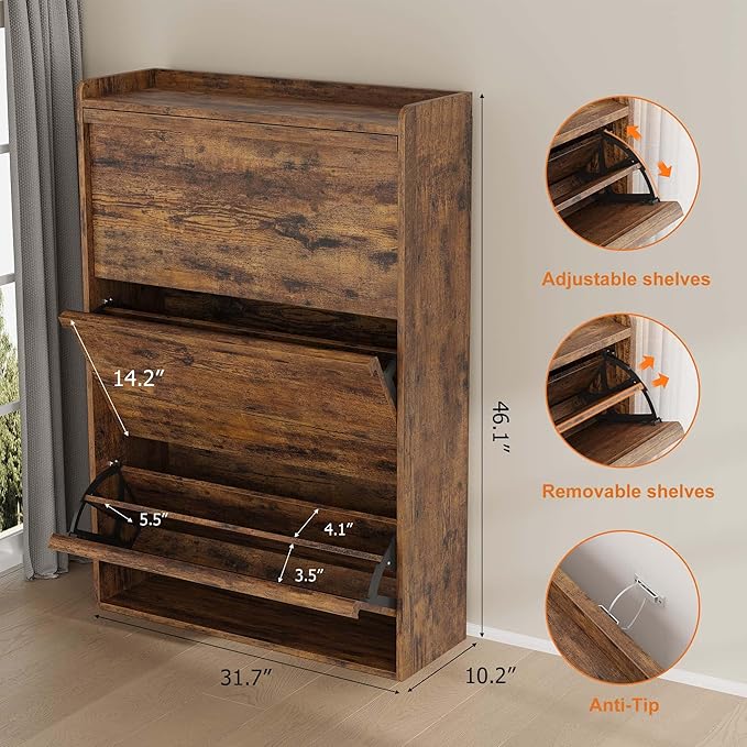 GarveeHome Shoe Cabinet with 3 Flip Drawers, Wooden Shoe Organizer Cabinet with Adjustable Shelf, Shoe Storage for Entryway, Hidden Shoe Cabinet for Hallway, Living Room, Rustic Brown - Image 2